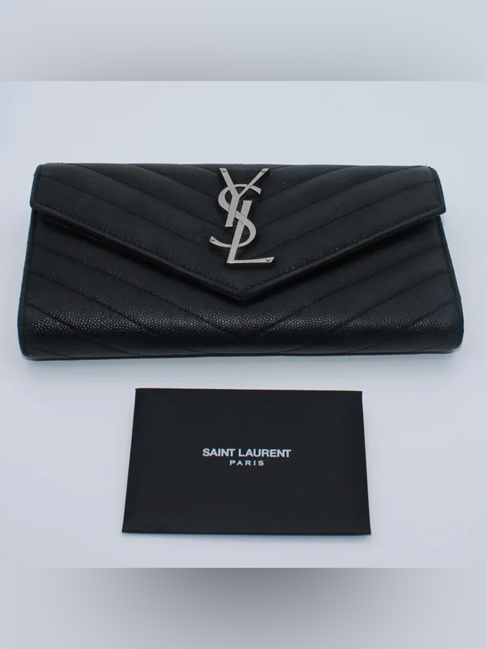 Saint Laurent Monogram Large Flap Wallet Grain de Poudre Black Silver Hardware